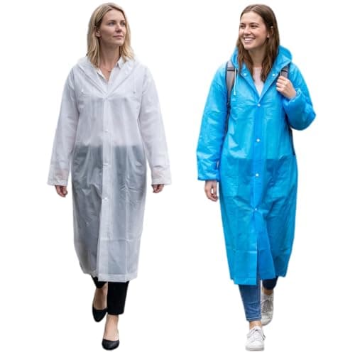 NIFTYY 2 Pack Reusable Raincoats for Adults, Waterproof Rain Ponchos with Hood for Women & Men, Lightweight Emergency Rain Jacket for Outdoor Travel, Theme Parks & Hiking (White+Blue)