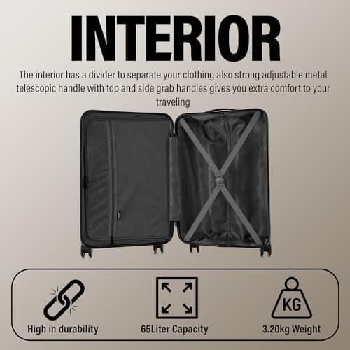 ATX Luggage Medium Suitcase on 4 Dual Spinner Wheels Super Lightweight ABS Hard Shell Hold Check in with Built-in TSA Lock (Black, 65Liters) — view 6
