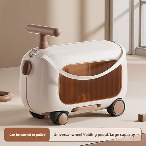 ZJchao Kids Ride On Luggage, 90° Sturdy PP ABS Folding Pedals Large Capacity Multi Functional Rideable Suitcase for Toddlers Travel (Brown) — view 3