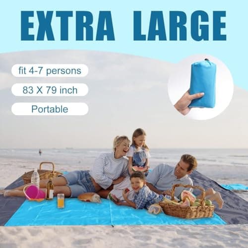DSLIHA Beach Mat Picnic Blanket Outdoor, Large Waterproof Sandproof Portable Picnic Beach blanket with 4 Fixed Nails, Reinforced Edging for Beach, Camping, Hiking, Grass and Trips (Blue) — view 3