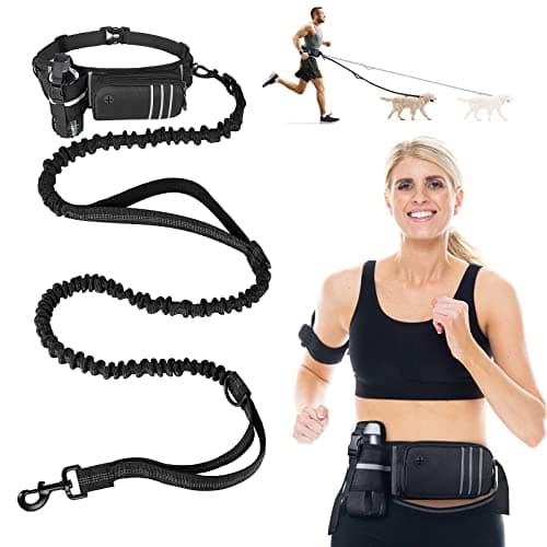 Hands Free Running Dog Lead with Waist Belt & Storage Bag, Shock Absorbing Bungee Lead with Double Handle, Waist Leash with Water Bottle Holder for Jogging Hiking Training