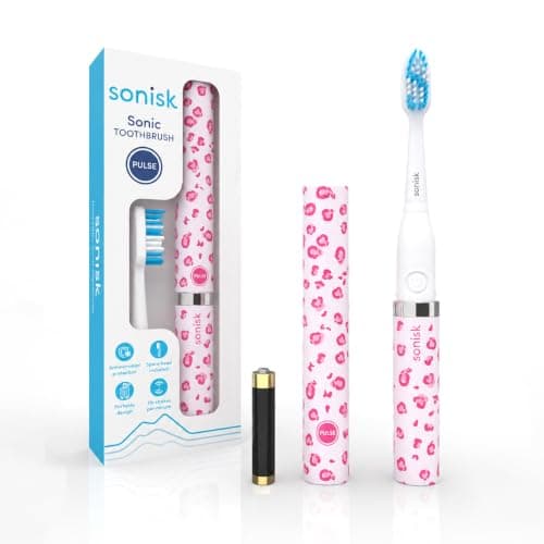 Sonisk Pulse | Battery Powered Electric Toothbrush | Portable Travel Size with Antimicrobial Sonic Technology | 1x Battery, 2X Brush Heads, 1x Travel Case Included (Pink Leopard)