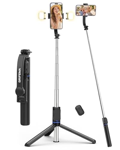GRIFEMA Selfie Stick Tripod with Fill Lights, 3 Colors & 6 Brightness