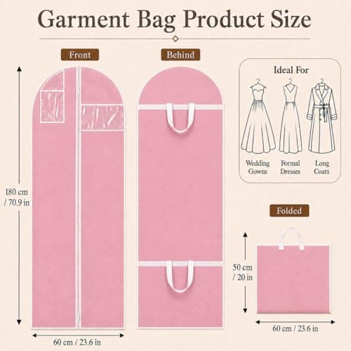 Sytinnice 2Pcs Long Dress Garment Bags, 60×180cm Folding Full Length Garment Cover Bag with Zipper, Pocket & Handle, Breathable Clothes Covers for Gowns Dresses Travel & Storage(Pink) — view 2