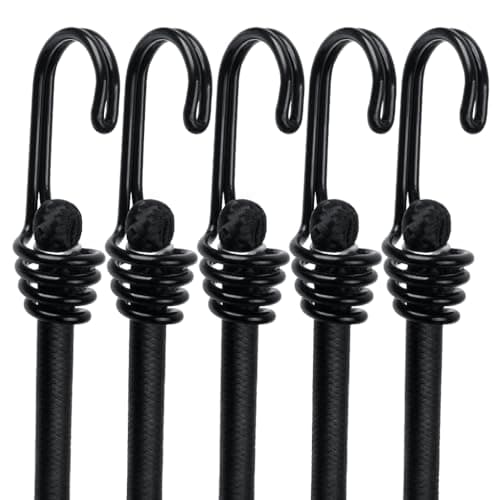 5-Pack Heavy Duty Bungee Cords with Hooks Weather Resistant Bungee Rope with Metal Double-J Hooks 8mm Thick Black Elastic Straps for Securing Luggage, Tarps, Tents and Outdoor Gear - 40"Long
