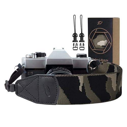 Padwa Lifestyle Camouflage Camera Strap - 2" Retro Cotton Camera Straps for Photographers,Adjustable Wide Camera Neck/Shoulder Strap with Genuine Leather Head for All DSLR/SLR Digital Cameras