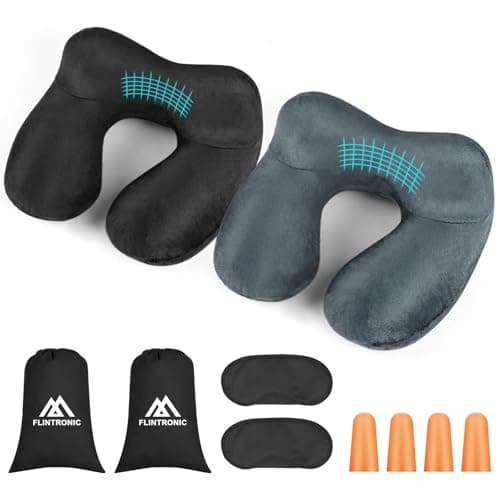 flintronic 2PCS Inflatable Travel Pillow, Inflatable Travel Pillow for Airplane, Soft Velvet Neck Support, Lightweight Ergonomic Sleeping Neck Pillow for Airplane, Car, Train, Office, Camping