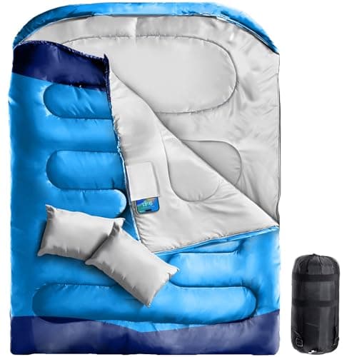 Airoieak Double Sleeping Bag King Size for Adults, 2 Person 4 Season Camping Sleeping Bag with Pillows & Carry Bag for Backpacking Hiking Travel – Blue