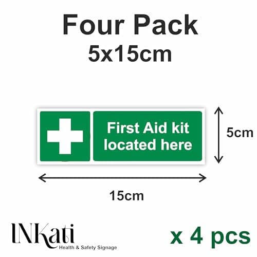 4-Pack "First Aid Kit Located Here" Self Adhesive Signs / 5x15cm Each (Pack of 4) / Landscape Orientation Removable & Wipeable/Indoor or Outdoor Stickers/Gloss Finish / — view 2