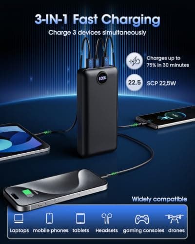 PDBEST Power Bank 50000mAh 22.5W Fast Charge 3-in-1 Cable Semi-Solid — view 6