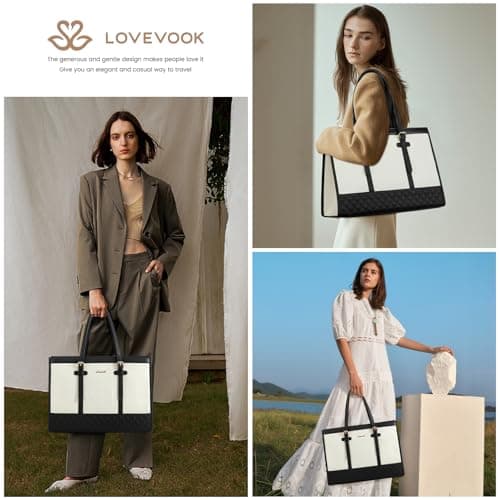 LOVEVOOK 17.3 Inch Laptop Bags for Women, Ladies Handbags for Work Business, Womens Large Tote Bag, Shoulder Bag with Clutch Lightweight for Office Business School College Shopping, Black White — view 2