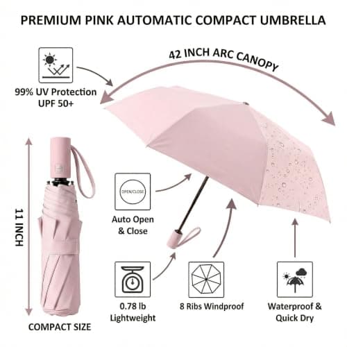 BAODINI Small UV Protection Travel Umbrella Compact for Rain and Sun UPF 50+ Windproof Portable 42 inch Umbrella for Women and Men Pink && Beige — view 6