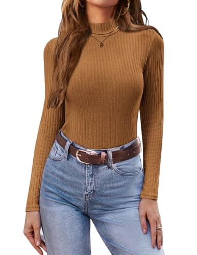 Ekouaer Womens Long Sleeve Thermal High Neck Top Base Layer Shirt Brown XL