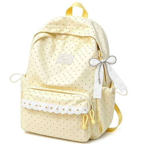 FUNLOV Girls Backpack, Cute Aesthetic Backpack Polka Dot School Backpack for Teens (Yellow)