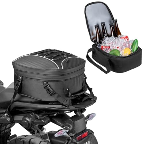 KEMIMOTO Motorcycle Tail Bag, 22L-34L Expandable Large Capacity Motorbike Seat Bag with 9.5L Removable Cooler Bag, Waterproof Rear Rack Bag with Quick-Release Straps for Touring, Camping and Picnics