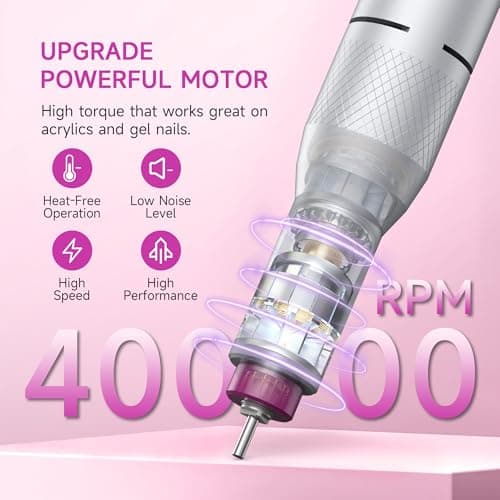 Electric Nail Drill Professional, Portable Nail File for Acrylic Gel Nails, Cordless Rechargeable Ultra Power Nail Drill Kit 40000RPM, HMC320 Salon-Grade Efile Nail Machine (White) — view 2