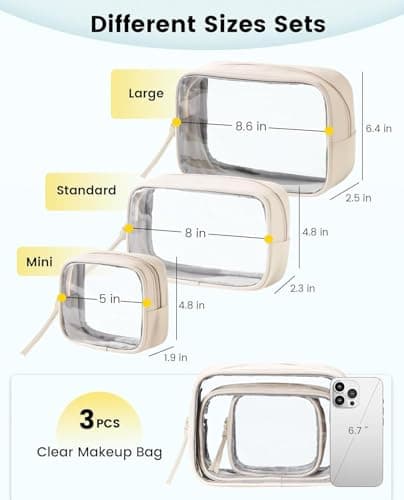3-Piece Travel Makeup Bag Clear Waterproof Toiletry Bag Set Large, Medium Small Sizes Travel Toiletry Organizer Pouch Cosmetic Storage for Bathroom (Beige) — view 2