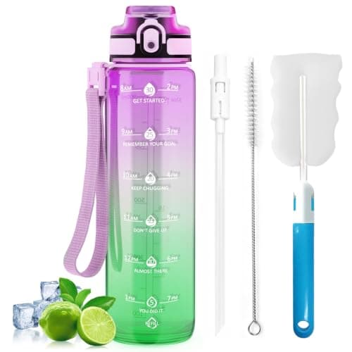 Gylinm 1L Water Bottle Made of BPA-Free Tritan Material, Sports Water Bottle with Removable Straw & Hydration Time Markerings, Ideal for Gym, Travel, Home, School and Outdoor Activities - Purple-Green