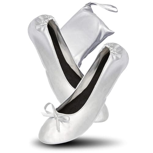 JJ PRIME - After Party Shoes with Foldable Bag Foldable Ballet Pumps Roll up Foldable Pumps (5/6 UK, Silver)