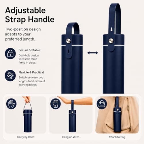 Exllena 300ml Small Water Bottle with Adjustable Silicone Handle Made of 100% Stainless Steel (Body + Lid), Mini Metal Water Bottle for Handbag, Leakproof (Midnight Sapphire) — view 2