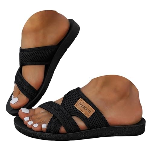 Women's Mesh Sandals & Slides, Open Toe Slip on Flat Sliders, Lightweight Breathable Soft Cushioned Footbed Comfort Slippers, Summer Cross Strap Fashion Casual Wide Fit Sandals