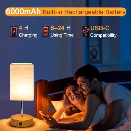 6000mAh Bedside Lamps, 10.8" Touch Control Rechargeable Table Lamp with Wood Grained Base & Fabric Lampshade, Dimmable Minimalist Wireless Battery Lamp for Living Room Bedroom Office Decor (1) — view 4
