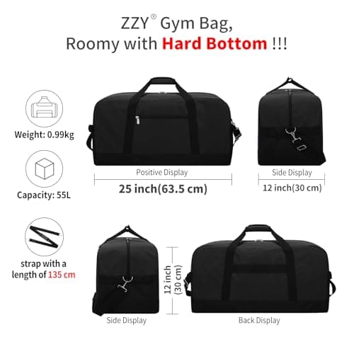 ZZY 55l Holdall Gym Sports Bag for Men - 25 inch Duffle Bag with Hard Bottom for Travel Weekend (Black) — view 3