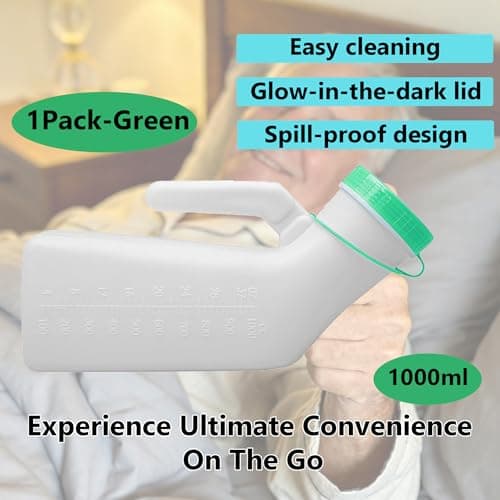 1 Pack Male Urinal Bottle with Glow in The Dark Screw Cap, 1000mL/33oz Spill Proof Plastic Mens Bedpan Bottle for Travel & Urine Collection, Measuring Scale & Easy Grip Handle(Green) — view 3
