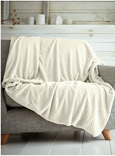 LIZZIE JACOBS Popcorn Waffle Honeycomb Style Luxurious Throws Super Soft Warm Cosy Sofa Settee Bed Fleece Blankets Non Allergenic Kids Adults Travel Blankets (Cream, Single - 130x150cm)