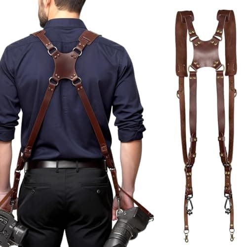 Genuine Leather Dual Camera Harness, Adjustable Double Camera Sling Strap with Soft Shoulder Pad and Safety Rings, Professional Two Camera Carrier for Wedding Event Travel Photographers