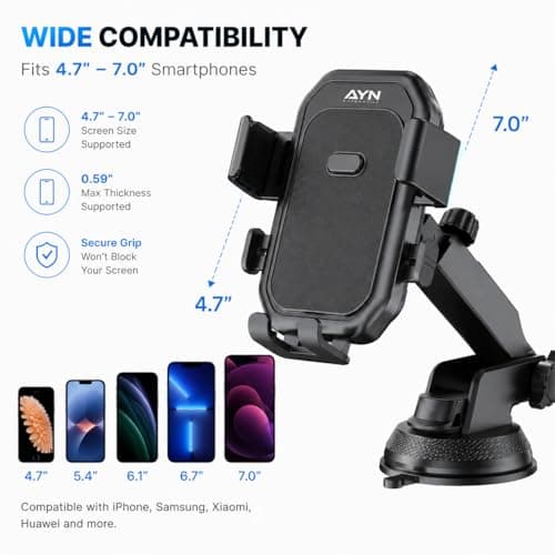 AYN Car Phone Holder, Dashboard & Windscreen Suction Mount with Telescopic Arm, 360° Rotation, One-Hand Operation, Fits 4.7–7.2-Inch Smartphones + 3-in-1 Charging Cable (Black) — view 5