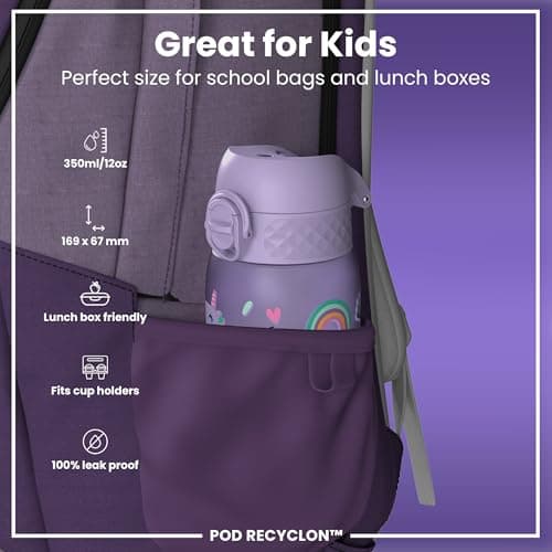 Ion8 Kids Water Bottles, BPA Free, Leakproof, Dishwasher Safe, Easy Open, Secure Lock, Small Boys & Girls Water Bottle,Kids Drinks Bottle for Spill-free Drinking, Purple, Unicorns, 350ml/12oz — view 2