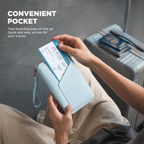 VULKIT Leather Passport Holder Family Travel Document Organizer with RFID Blocking Travel Wallet Slim Dual Slots SIM Card and Multiple Card Holders for Men and Women (Light Blue) — view 5
