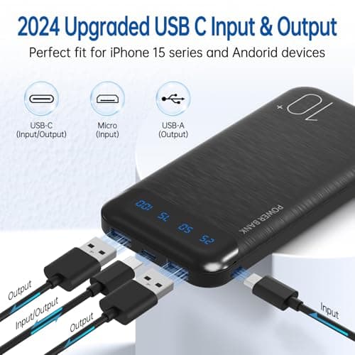 Portable Charger 10000mAh Slim USB C Input and Output Power Bank with LED Display Lightweight External Battery Pack Compatible for iPhone 14/13/12, iPad, Samsung etc. (black) — view 2