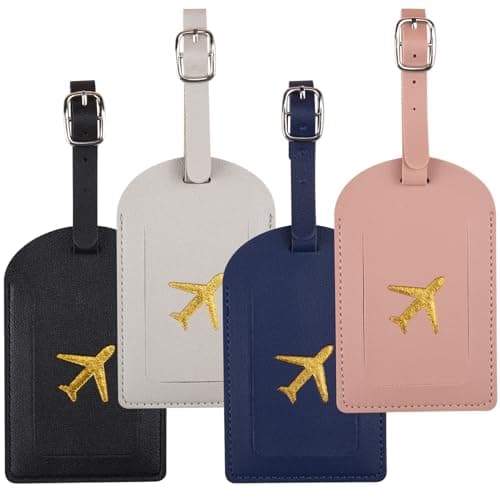4 Pcs PU Leather Luggage Tags for Suitcases, Waterproof Baggage Label Address Name ID Card Tag Set Travel Bag Accessories with Adjustable Strap Privacy Protection Cover for Preventing Loss