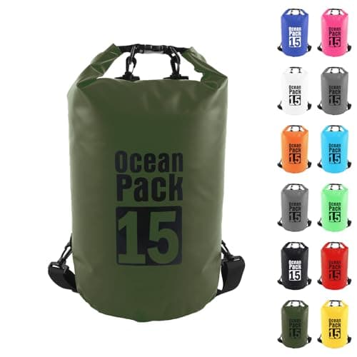 MOMAHUA 15L Waterproof Dry Bag Backpack with Double Shoulder Straps - Sage Green Durable PVC Roll Top Dry Sack - Heavy Duty Reusable Rucksack for Kayaking, Boating, Beach & Travel
