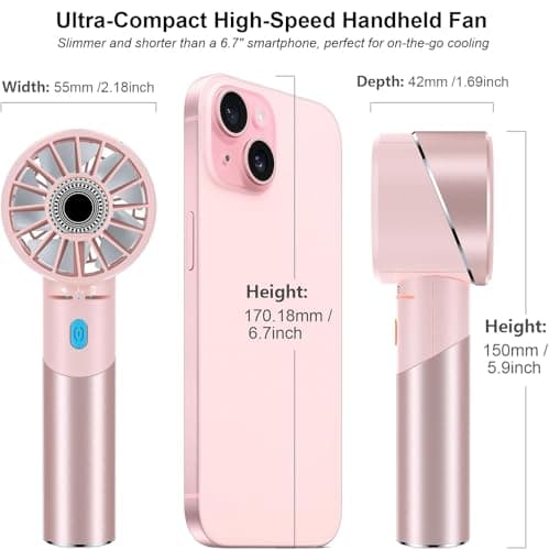 COZOME Handheld Fan, 7000RPM Turbo Portable Fan with 16H Battery, 4-Speed USB Rechargeable Mini Fan | Metal Alloy Pocket Fan, Travel Essentials for Outdoor, Travel, Office, Home | Summer Gift, Pink — view 2