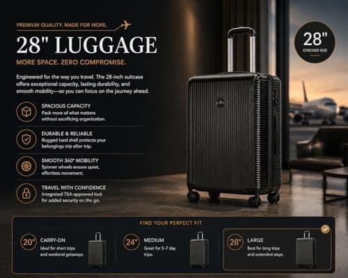 Larkbury Hard Shell Expandable Suitcase, Lightweight PC+ABS Travel Luggage with TSA Lock, Double Spinner Wheels & High Capacity Storage (Black, 28" in) — view 5