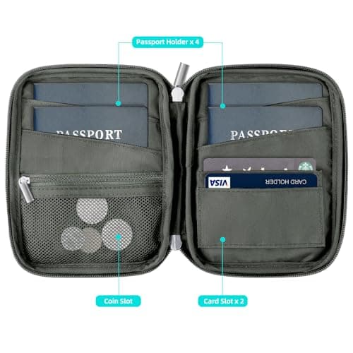 WALNEW Passport Holder Travel Wallet Family for 4, RFID Blocking Travel Document Organiser Pouch for Women Men, Zipper Card Case Cover with Wrist Strap, Gray — view 3