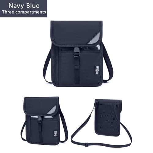 AYNKH Chest Pouch Waist Bag RFID Protection,Anti-magnetic ID Badge Holder,Waterproof,Security Bag with Adjustable Neck Strap for Cash,Cards,Passports,Business,Travel,School (3 Compartments Navy Blue) — view 6