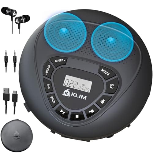 KLIM Speaker - Bluetooth CD Player With Speakers - New Version - Discman - Rechargeable Battery - Portable CD Player With Headphones - Portable - SD Card - AUX - Ideal for Car, Home