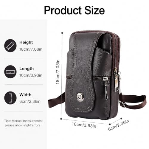KUBDPQOR Leather Phone Waist Bag for Men, Crossbody Belt Pouch with Anti-Theft Zip, Small Travel Shoulder Bag for Mobile Phone, Camping, Hiking & Outdoor Use, Brown — view 3
