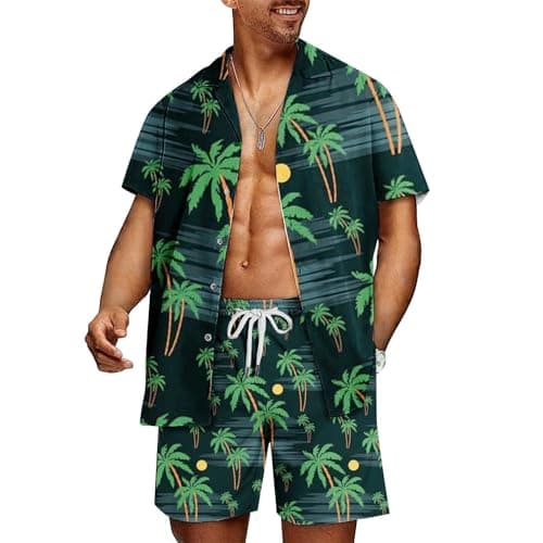 Set Shirt Shorts Men Big Size Hawaiian Printed Tee Shirt Short Sleeve Button Shorts Elastic Waist Loose Drawstring Pockets Casual Lightweight Beach Travel Set — view 2