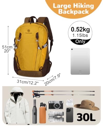 Outplea 30L Hiking backpack for Men Women, Lightweight Waterproof Outdoor Rucksack with Anti-Theft Pocket for Walking Climbing Travel, Yellow — view 2