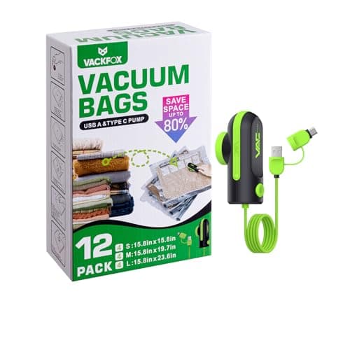 VACKFOX 12 Pack Vacuum Bags for Travel with USB & TYPE C Pump,Compression Packing Cubes for Luggage,Carry-on Space Saver Vacuum Seal Bags&Vacuum Storage Bags for Vacation(Green)