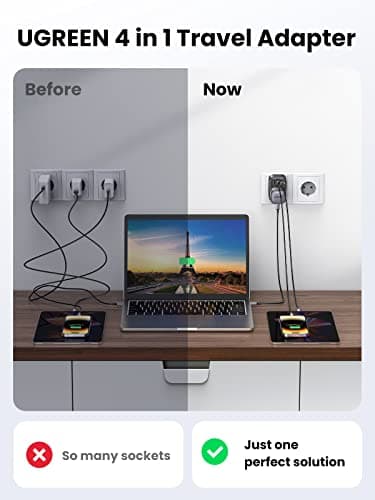 UGREEN UK to European Plug Adapter, 30W PD Travel Adapter with 4 USB Ports — view 4