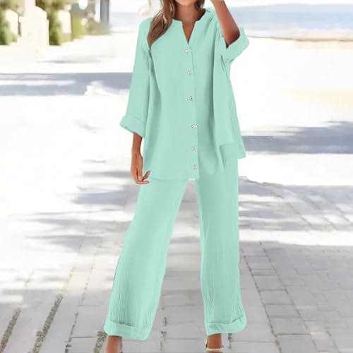 HOOUDO Maternity Co Ord Sets Ladies Tracksuit Set 2 Piece Summer Outfits Co Ord Sets 2026 Long Sleeve Blouses Tops and Wide Leg Trousers Casual Solid Loungewear Activewear — view 3