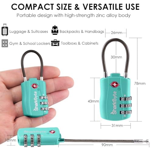 SharkByte Slim TSA Approved Luggage Locks, 3-Dial Security Travel Combination Padlock with Tags, Flexible Cable Wire Travel Lock, Suitcase Locks, Bag, Gym Locker, Small Padlock with Code (2 Pack) — view 4