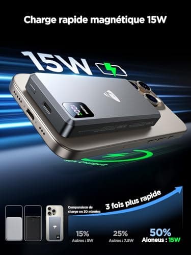 Aioneus External Magnetic Battery 5000 mAh, Power Bank Ultra Narrow Design with 15W MagSafe Wireless Charging & Quick Charge PD 20W, Compatible with iPhone 17/16/15/14/13/12 (Type-C Cable Included) — view 2