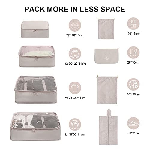 OSDUE Packing Cubes for Suitcase, 8 PCS Travel Organiser Packing Bags Lightweight Waterproof Luggage Packing Organizers for Clothes Shoes, Travel Accessories, Beige — view 2
